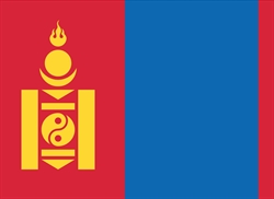 [ai] The flag of Mongolia featuring three vertical bands: red on the left, blue in the center, and red on the right. The yellow symbol of the Soyombo is displayed on the left red band.
